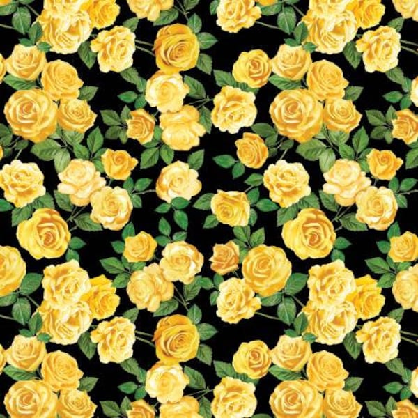 Black, Yellow Rose Garden 14509B-12. Flowers of Friendship by Kanvas Collection. 100% Cotton Fabric by the Half Yard.