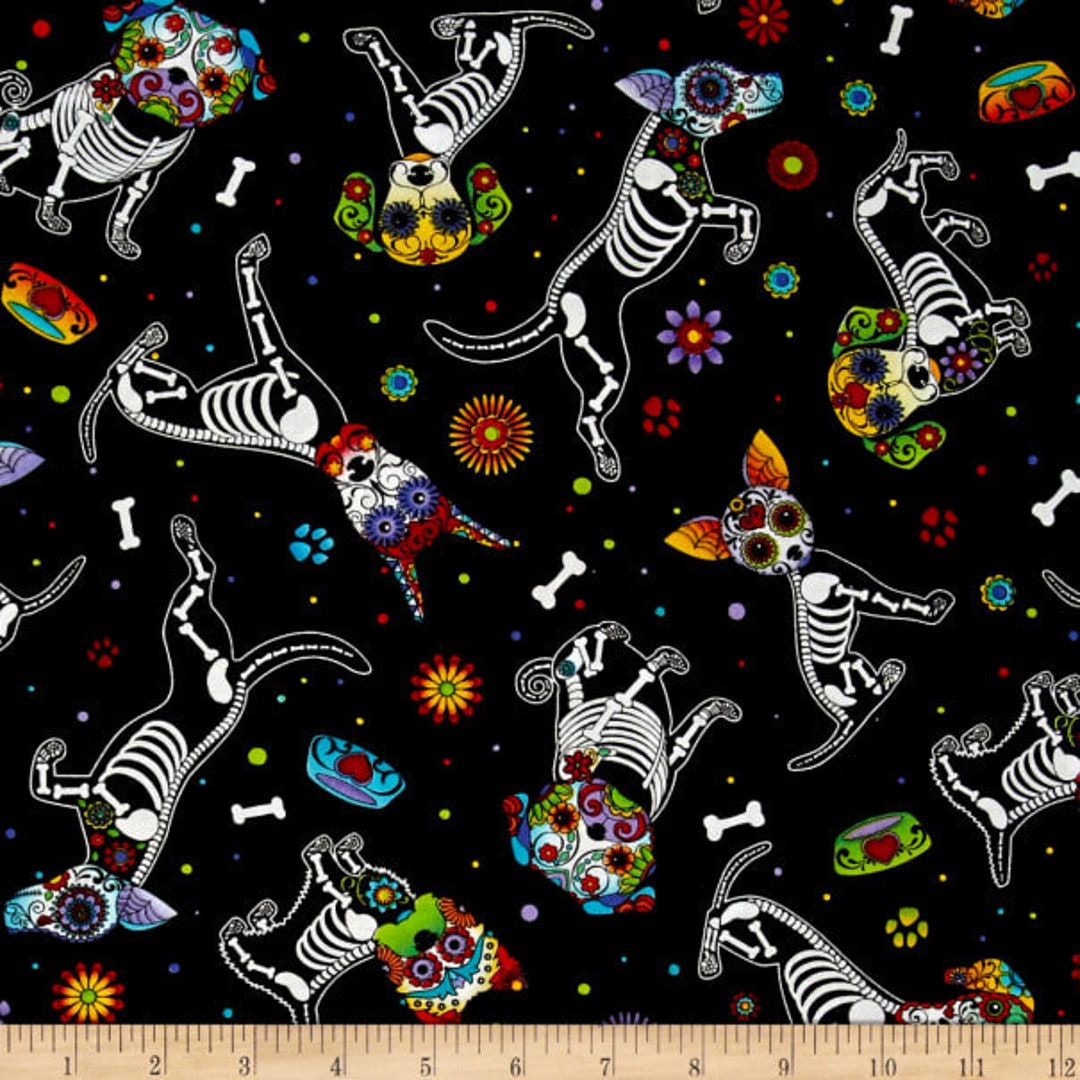 Timeless Treasures Day of the Dead Pups 100% Cotton Fabric by the Half ...