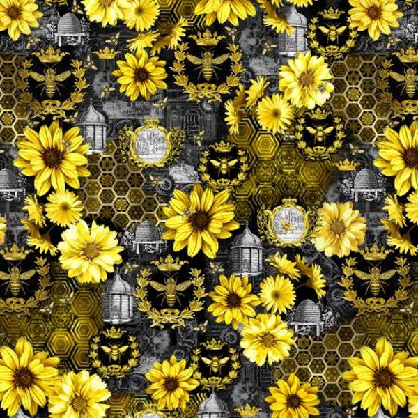 Queen Bee Sunflower All Over Timeless Treasures. 100% Cotton Fabric By the Half Yard.