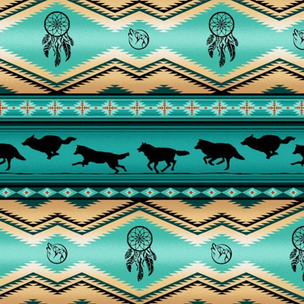 Elizabeth's Studio Tucson Turquoise Wolf 100% Cotton Fabric by the Half Yard.