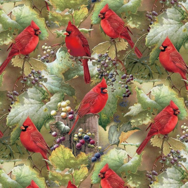 Red Cardinals in the Orchard. David Textiles. 100% Cotton by the Half Yard.