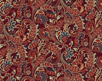 American Spirit Winter Paisley Dark Red, by CHERYL HAYNES for Benartex. 100% Cotton Fabric by the Half Yard.