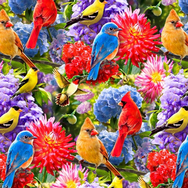 Birds and Flowers. David Textiles. 100% Cotton by the Half Yard.