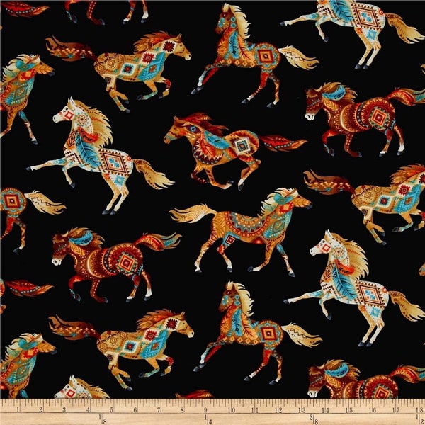 Timeless Treasures Out West-Southwest Horses Black. 100% Cotton Fabric by the Half Yard.