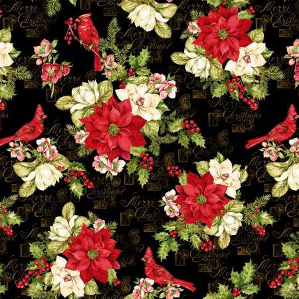 Holly Berry Park by Art Loft Collection. Black Large Floral and Birds.  100% Cotton Fabric by the Half Yard.