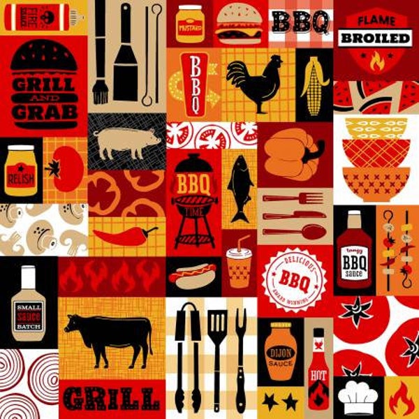 Grill & Chill by Emily Dumas Collection. Mustard BBQ Signs 1215-44. From Henry Glass. 100% Cotton Fabric by the Half Yard.