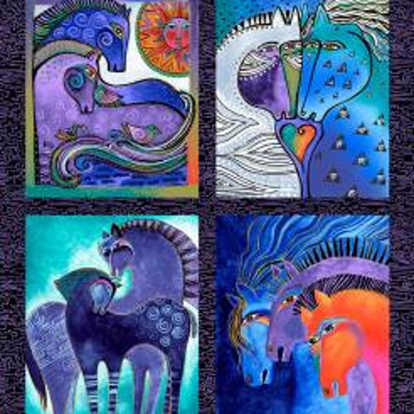 Black Fiesta Horses in Cool Panel w/Metallic. By Laurel Birch from Clothworks. Cotton Fabric Panel.