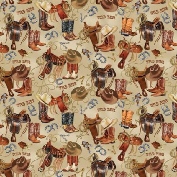 Yellowstone by Kanvas Collection. Tan Western Ways 14482B-70.  100% Cotton Fabric By the Half Yard.