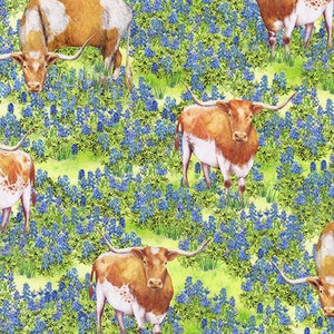 Texas In Bloom. Bluebonnets and Longhorns. Robert Kaufman 100% Cotton Fabric by the Half Yard.