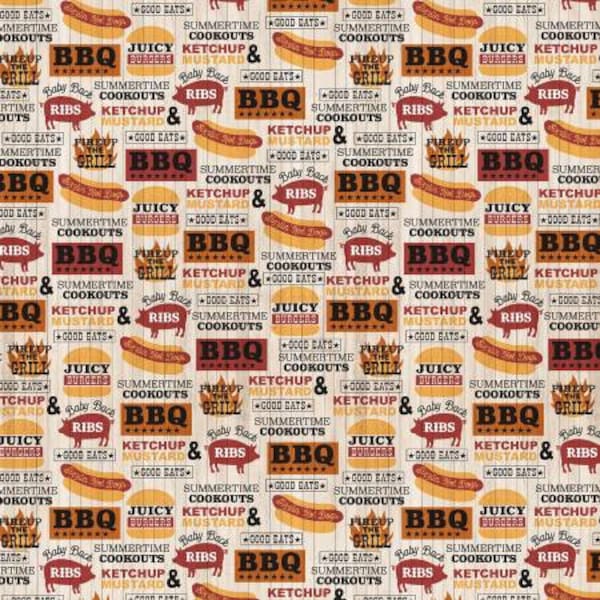 Best BBQ Ever. Outdoor kitchen Michael Miller. 100% Cotton Fabric by the Half Yard.