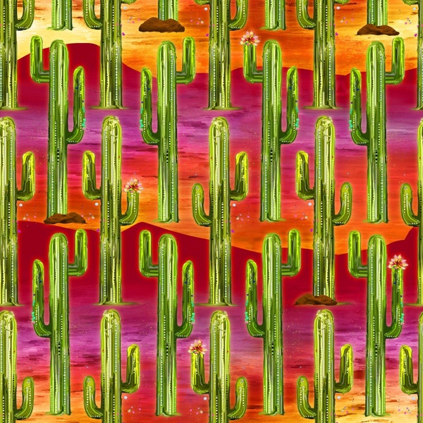 Whimsical West Cactus Scenic Digital Fabric. 100% Cotton Fabric by the Half Yard.