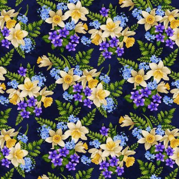 Henry Glass Nature's Affair by Jan Mott Crane Collection. Indigo Tossed Bouquets # 3156-77.  100% Cotton Fabric by the Half Yard.