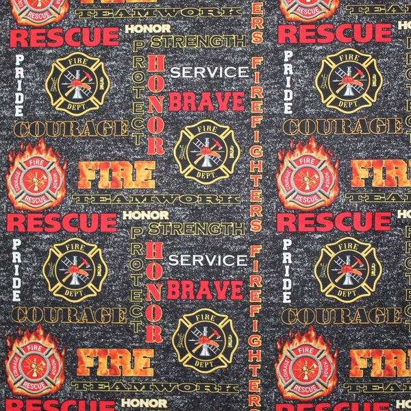 Firefighters Black Heather Print Logo. 100% Cotton Fabric by the Half Yard.