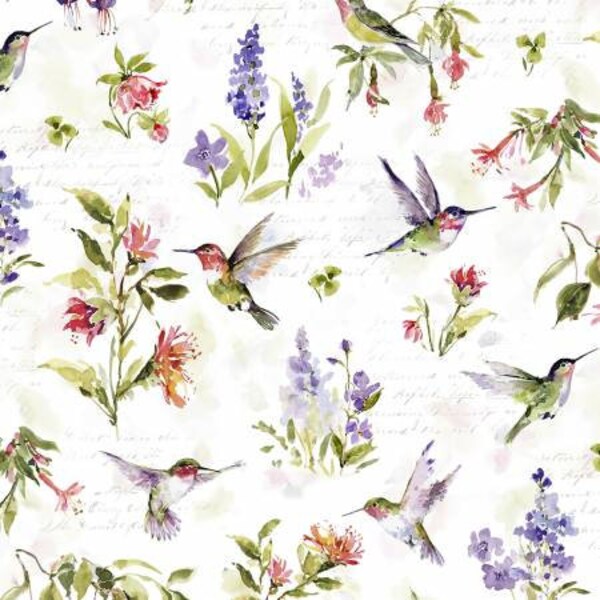 Hummingbird Floral by Susan Winget Collection. White Hummingbird & Floral 39829-173. Wilmington Prints. 100% Cotton Fabric by the Half Yard.