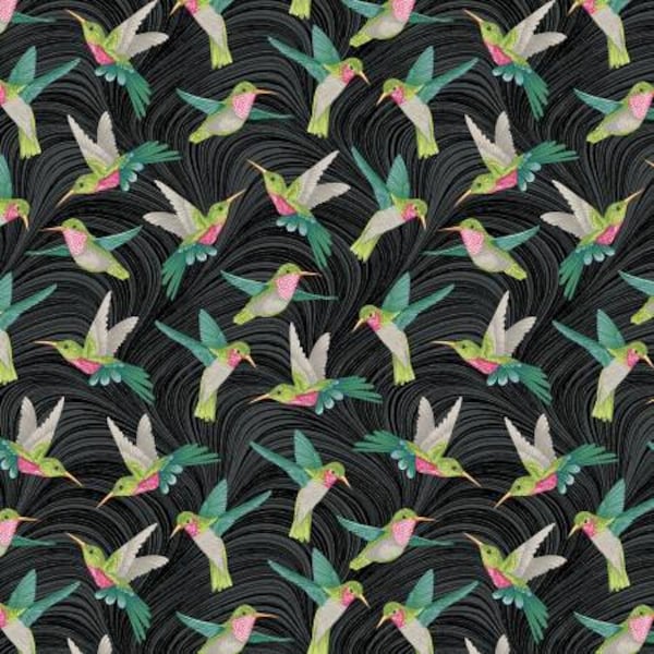 Hummingbirds and Honeysuckle. Hummingbird & Wave Black/Multi Benartex. 100% Cotton Fabric by the Half Yard.