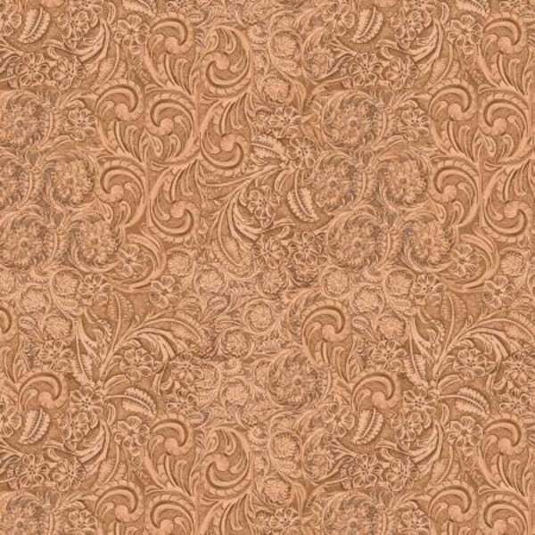 Big Sky Country by MMF Collection. Caramel Tooled Leather. 100% Cotton Fabric by the Half Yard.