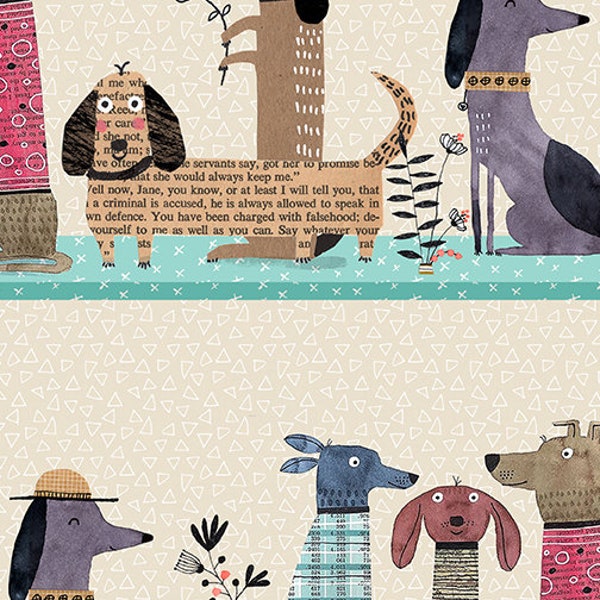 It's Raining Cats and Dogs - Dogs Together Stripe - Multi. 100% Cotton Fabric Sold by the Half Yard.