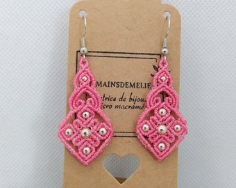 Boucles d'oreilles Micro Macramé Rose et Perles Argent