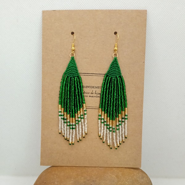 Green Micro Macramé Earrings with Gold and Silver Green Seed Beads