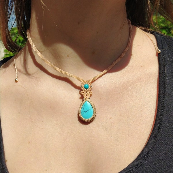 Collier Micro Macramé Orange Pastel Pierre Naturelle Turquoise Bleu / Necklace macramé