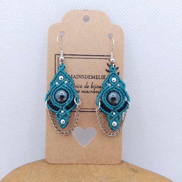 Boucles d'oreilles Micro Macramé Turquoise et Noir Perles Hématite