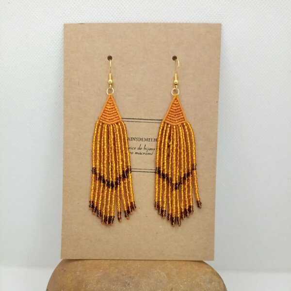 Boucles d'oreilles Micro Macramé Orange Perles Rocailles Orange et Marron