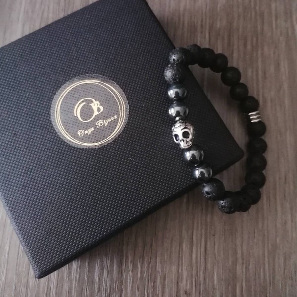 Bracelet en pierres de lave, bracelet tête de mort, bracelet extensible/skull