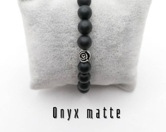 Bracelet femme en pierres naturelles onyx matte /rose argent extensible sur mesure fait main