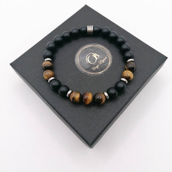 Bracelet œil de tigre et onyx mat pour homme extensible sur mesure