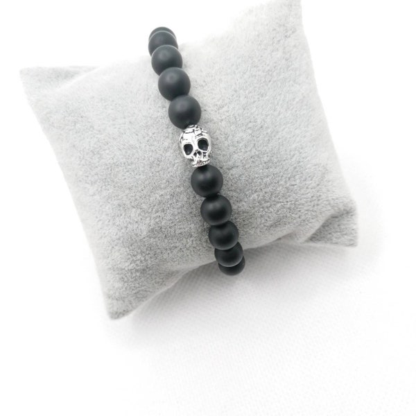 Bracelet tête de mort skull pierres  naturelles onyx matte extensible sur mesure fait main