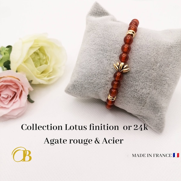 Bracelet pour femme en pierre Agate rouge fleur de lotus or 24k & acier