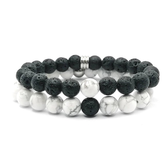 Distance bracelets for couple or duo stretch in howlite lava stones custom jewelry