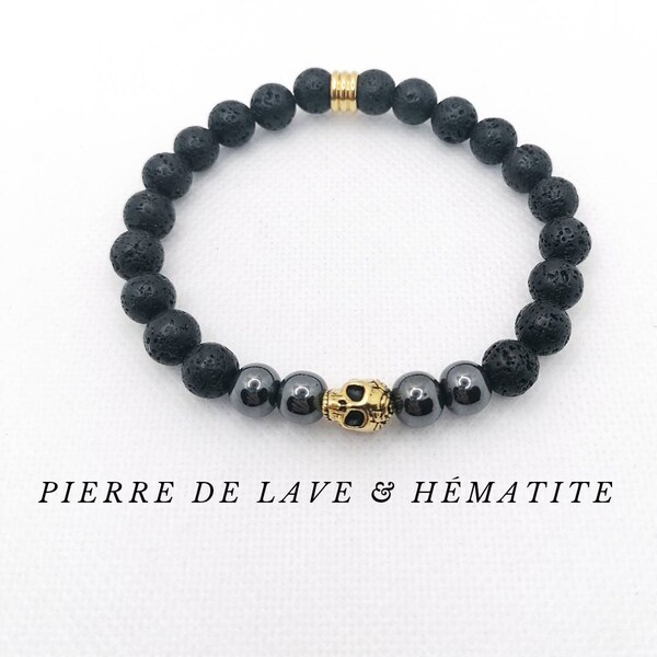 Bracelet skull or   pierres de lave,  tête de mort, bracelet homme femme extensible