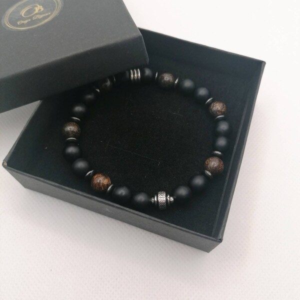 Bracelet onyx noir mat /bronzite /argent bracelet extensible