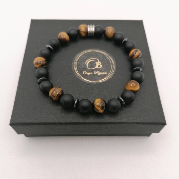 Bracelet pour homme bracelet en pierre oeil de tigre, onyx mat et hématite, extensible sur mesure