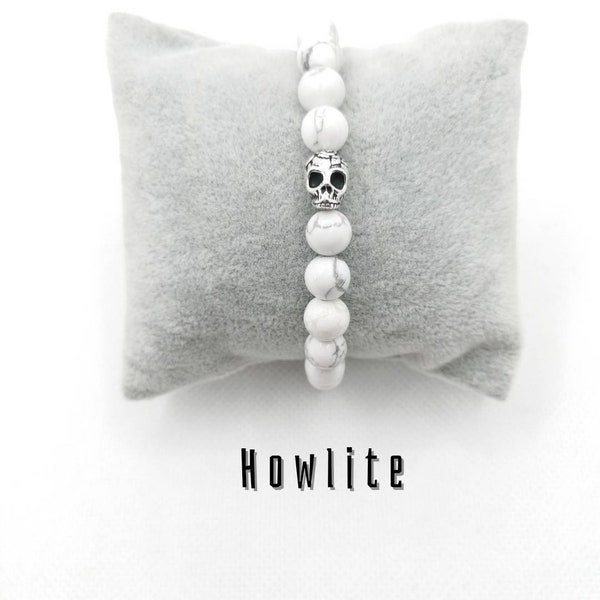 Bracelet tête de mort argent pierres naturelles howlite extensible sur mesure fait main