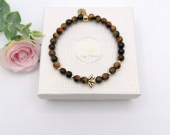 Fine women's bracelet / tiger's eye stone, lotus flower, gold or silver