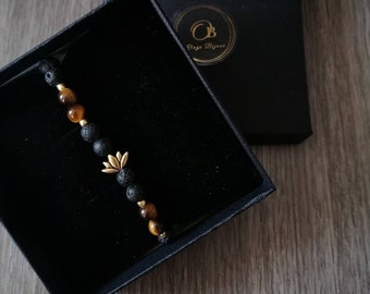 Women's bracelet in lava stone / tiger eye / gold or silver lotus flower