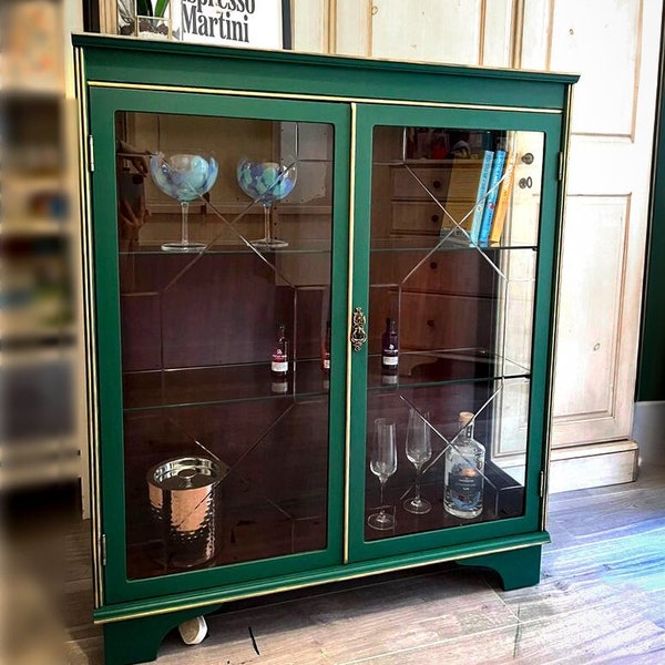 SOLD  but can source more refinished green display cabinet, bookcase,drinks cabinet vintage furniture. Delivery  not included in price.