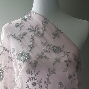 Light Pink Chiffon Shawl with Silver Floral Embroidery. Pink Shawl, Silver Embroidered Scarf, Pink Wrap, slightly faulty plz read descrip.