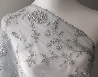 Silver Shawl, Grey Chiffon Shawl with Silver Floral Embroidery. Grey Shawl, Silver Embroidered Scarf, Bridal Grey Wrap, faulty read descrip