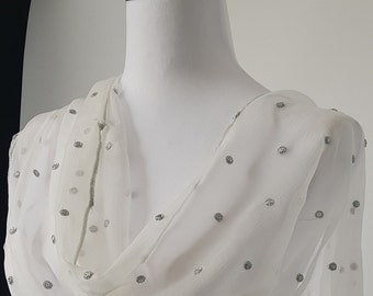Silve Chiffon Scarf Chiffon Scarf Silver Embroidery on Ivory Scarf, Silver Shawl, Ivory Shawl, Bridal Shawl, Ivory Wrap, Ivory Cover. Gift