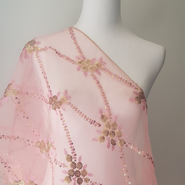 Pink Shawl. Pink Scarf. Gold Embroidery on Pink Organza Shawl. Pink Wedding Shawl. Pink Wrap. Pink CoverUp. Slightly faulty Read Description