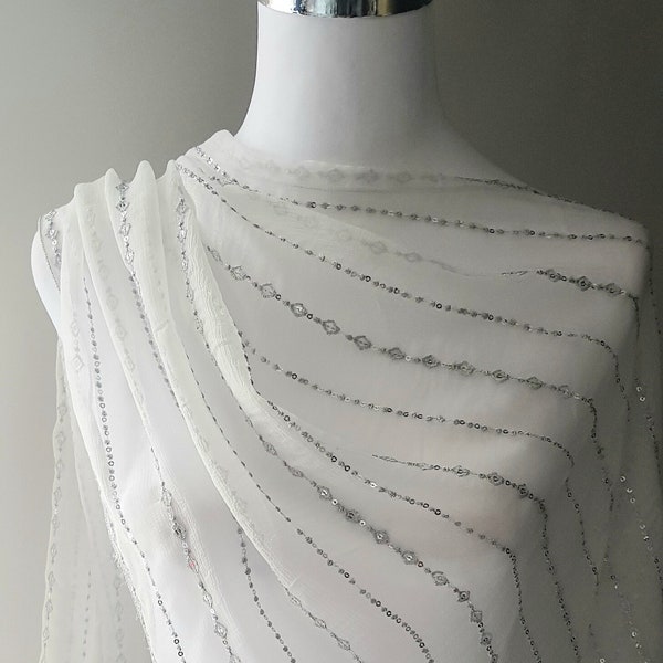 White Chiffon Shawl with Silver Sequins Embroidery, White Shawl, Silver Embroidered Scarf, White Silver Wrap, slight fault read description