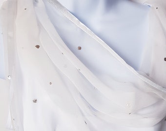 Ivory Chiffon Scarf. R37. Chiffon Scarf, Embroidered Scarf, Silver Shawl, Silver Scarf, Ivory Shawl, Bridal Shawl, Ivory Wrap, Ivory Cover