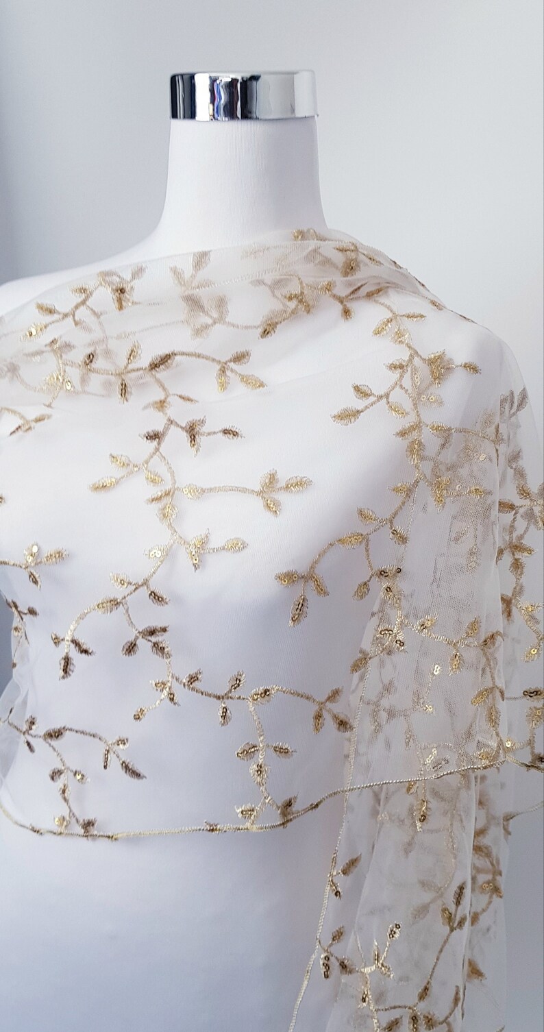 Gold Shawl. Gold Scarf. Gold Net Shawl. Gold Thread Embroidery on White ...