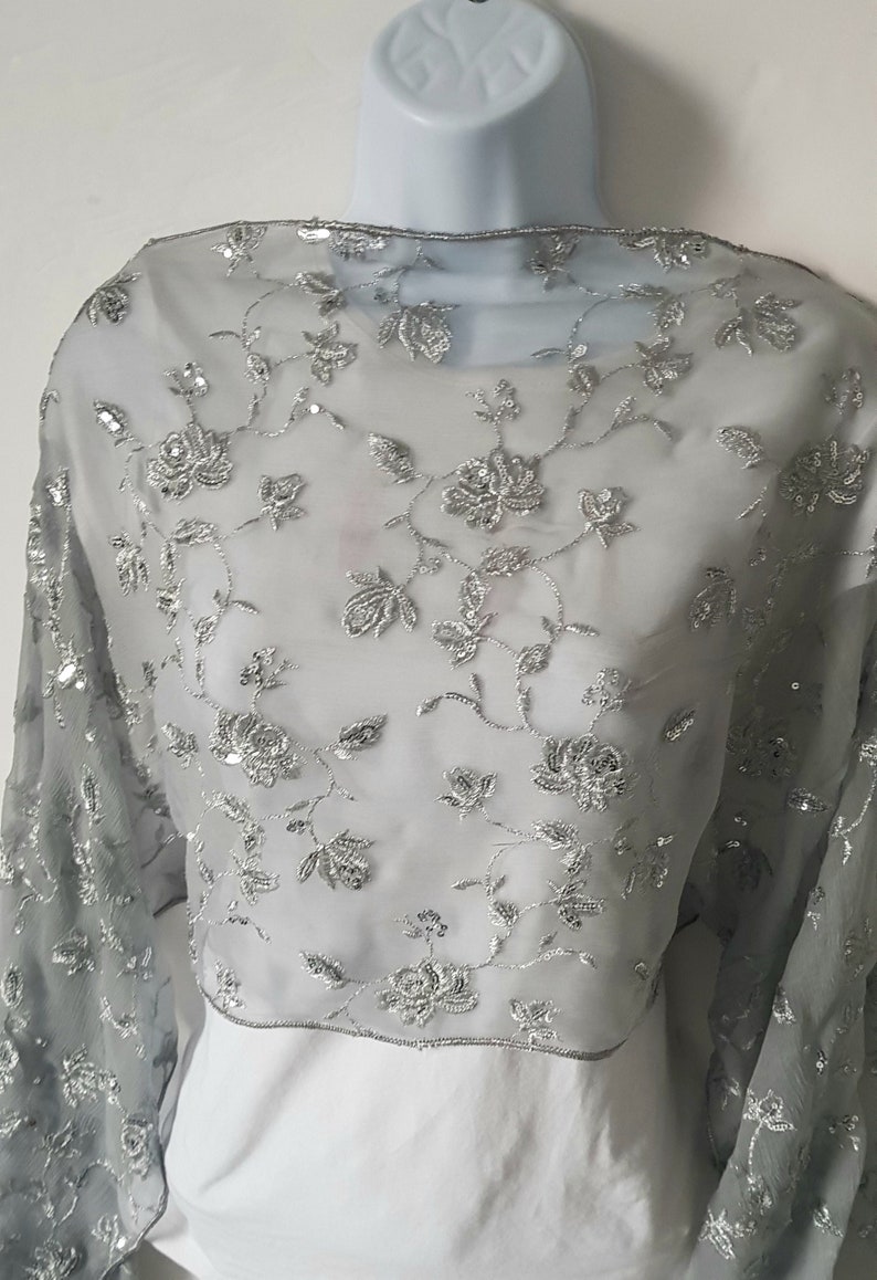 Grey Chiffon Shawl, Floral Scarf, Silver Floral Shawl, Silver Shawl ...