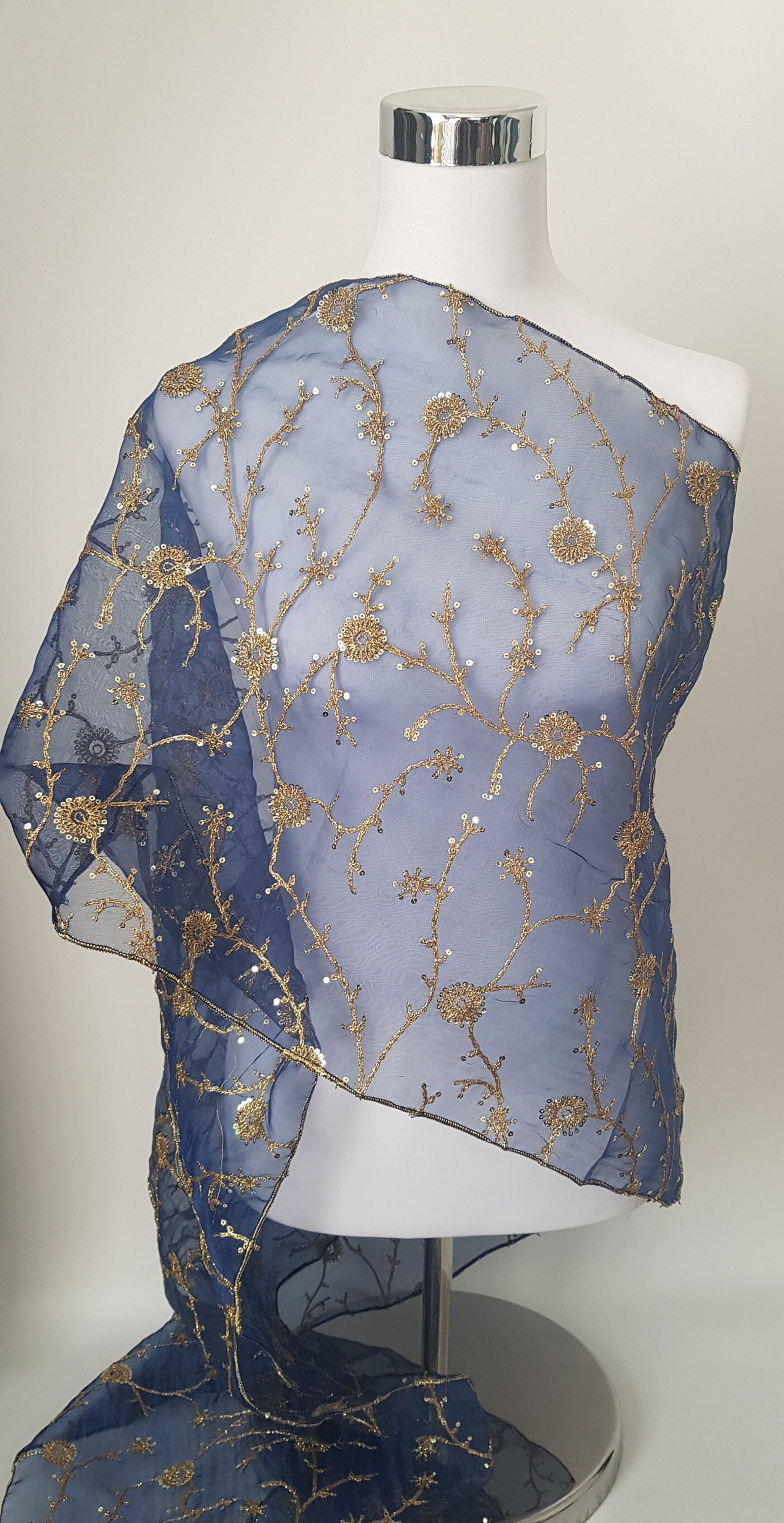 Blue Shawl. Blue Scarf. Blue and Gold Embroidered Shawl. Blue Wedding