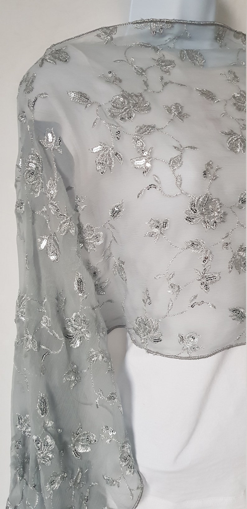 Grey Chiffon Shawl, Floral Scarf, Silver Floral Shawl, Silver Shawl ...