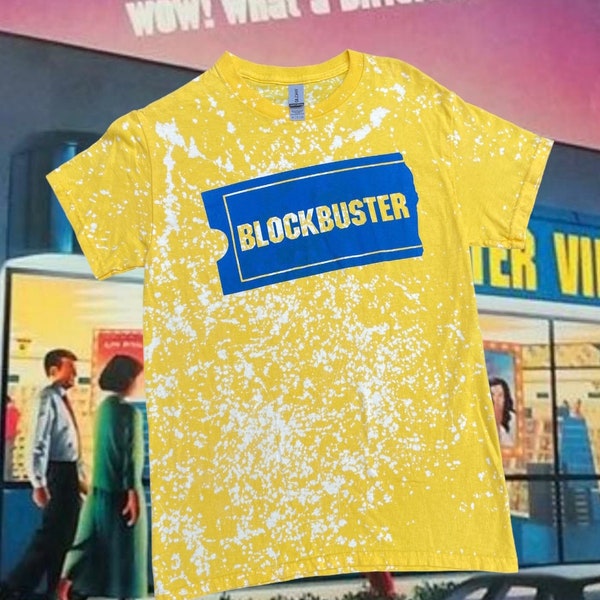 Yellow Blockbuster Shirt Tie-Dyed Upcycled Blockbuster Shirt 80s/90s Nostalgic Gift VHS Retro Gift Throwback Gift